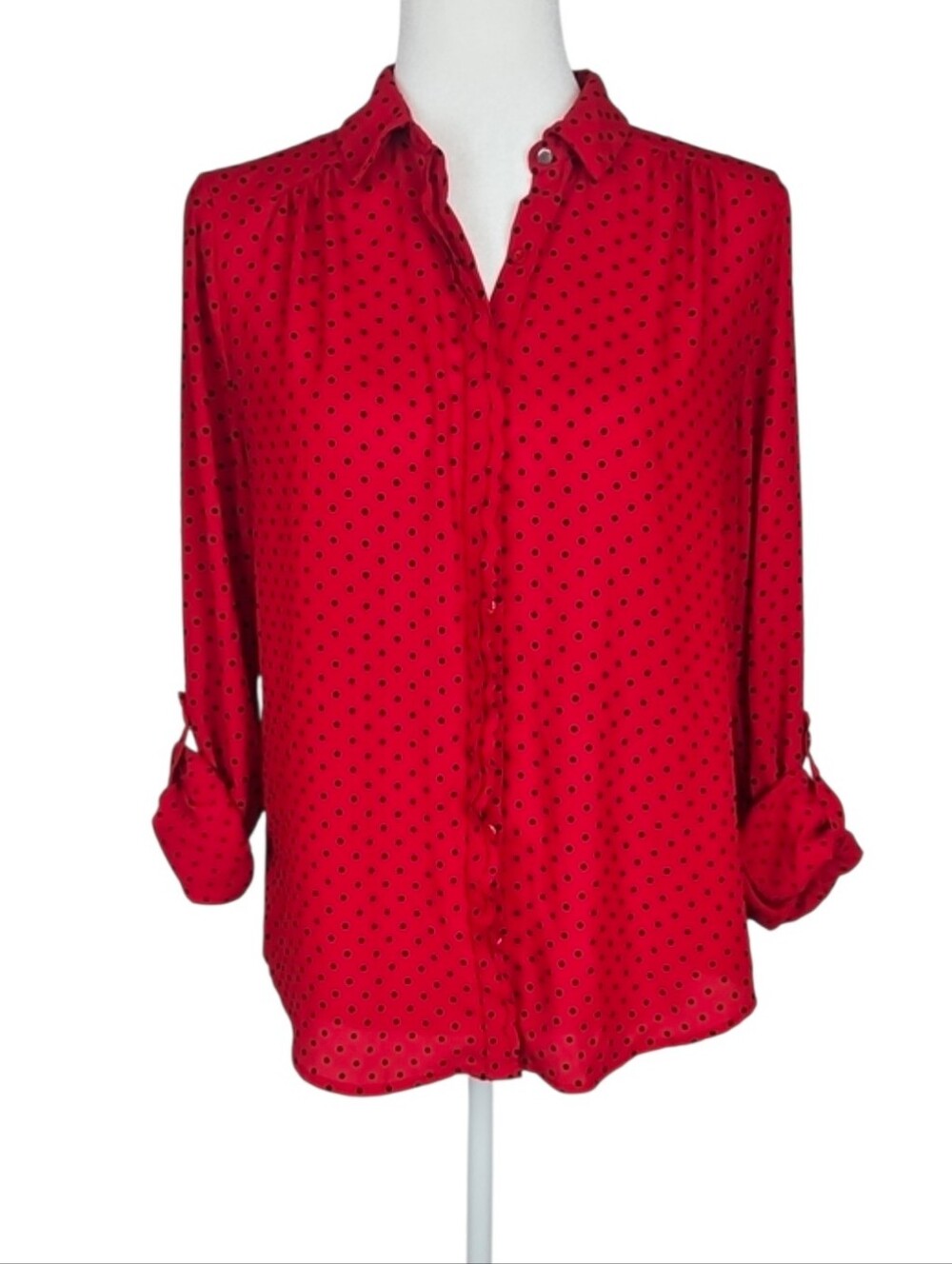 ELLE Red Polka Dot Ruffle Button Down Long Sleeve Dress Shirt Fall Workwear S